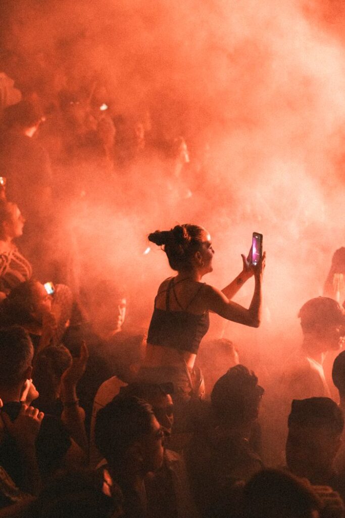 Lively festival scene with a crowd immersed in music and vibrant smoke effects.